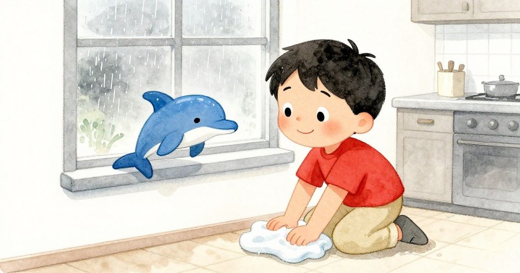 Marco擦拭瓷磚後將藍色海豚輕放窗台，滿意微笑中與窗外細雨道別，故事溫馨落幕