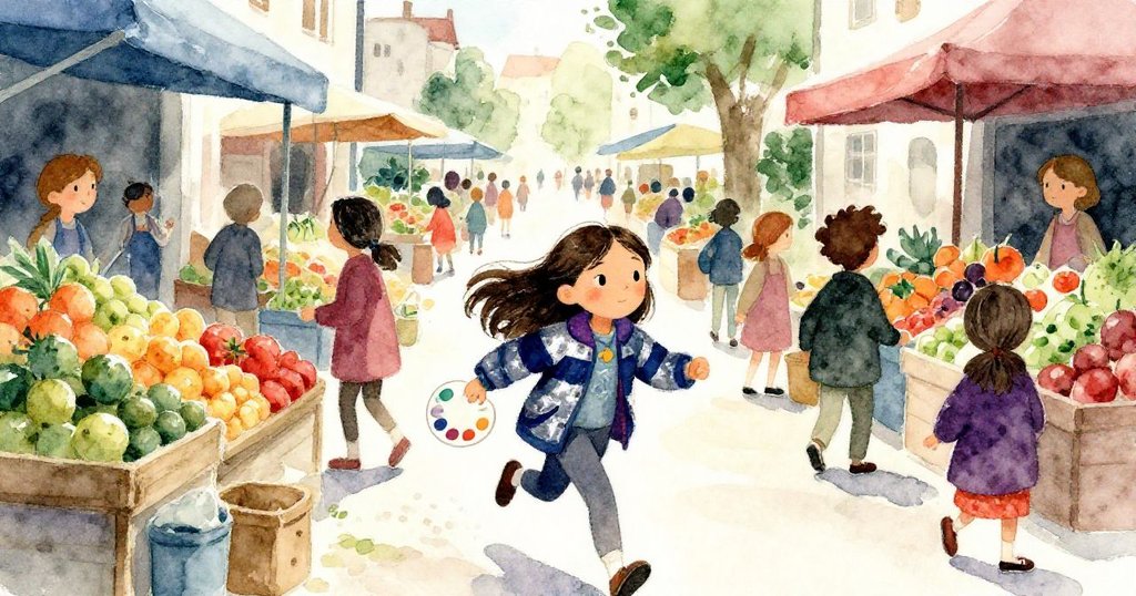 克拉拉在擁擠早市中急步穿行，臉上堅定神情，市場果攤與人潮交錯展現熱鬧繁忙氛圍。