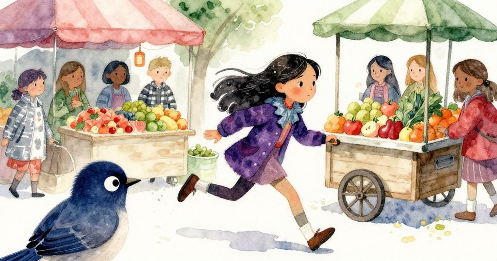 小鳥視角觀察忙碌市場，克拉拉迅速穿行，攤販與水果車動態交織，生動展現熱鬧活力。