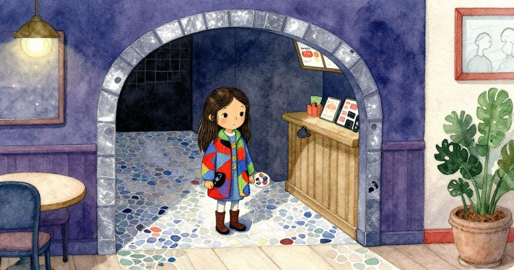 克拉拉悄然進入隱藏空間，咖啡廳角落馬賽克地板在蒸氣中閃爍，營造出神秘而溫暖的氣氛。