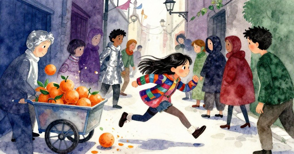 克拉拉在擁擠小巷中急速奔跑，橙子從顛簸車上散落，動感場面顯示出追逐急迫氛圍。