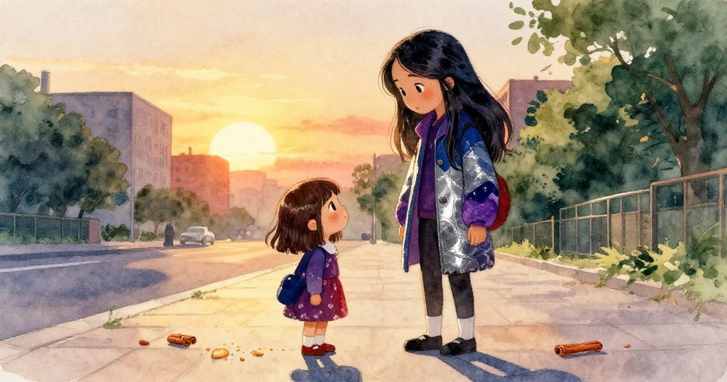 金色夕陽映照下，克拉拉與妹妹在街角溫馨相聚，手牽手共享散落肉桂麵包屑，笑容滿面展現幸福結局。