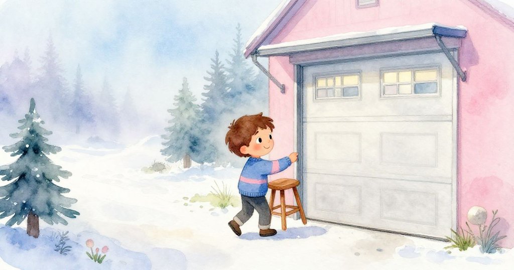 Leo在晨霧中打開車庫門，手持木凳準備登上高架，臉上充滿期待，車庫內外氛圍柔和溫暖。