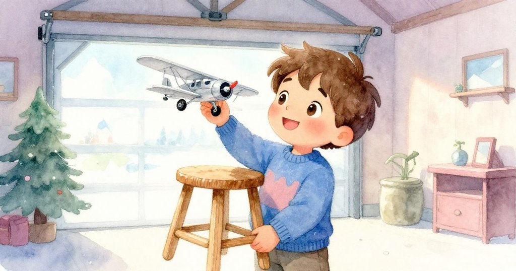 Leo小心搬動木凳，認真打量模型飛機，車庫內背景擺放整齊箱子，神情專注且溫馨。