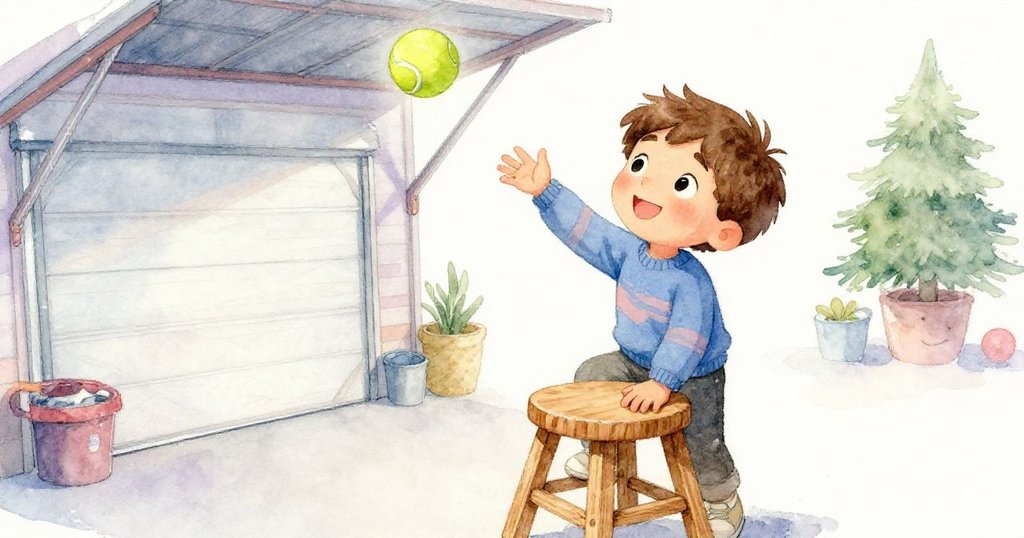 Leo登上搖晃木凳時網球從口袋掉落，畫面帶傾斜動感，顯示出驚訝與緊張的情緒，車庫背景細節豐富。