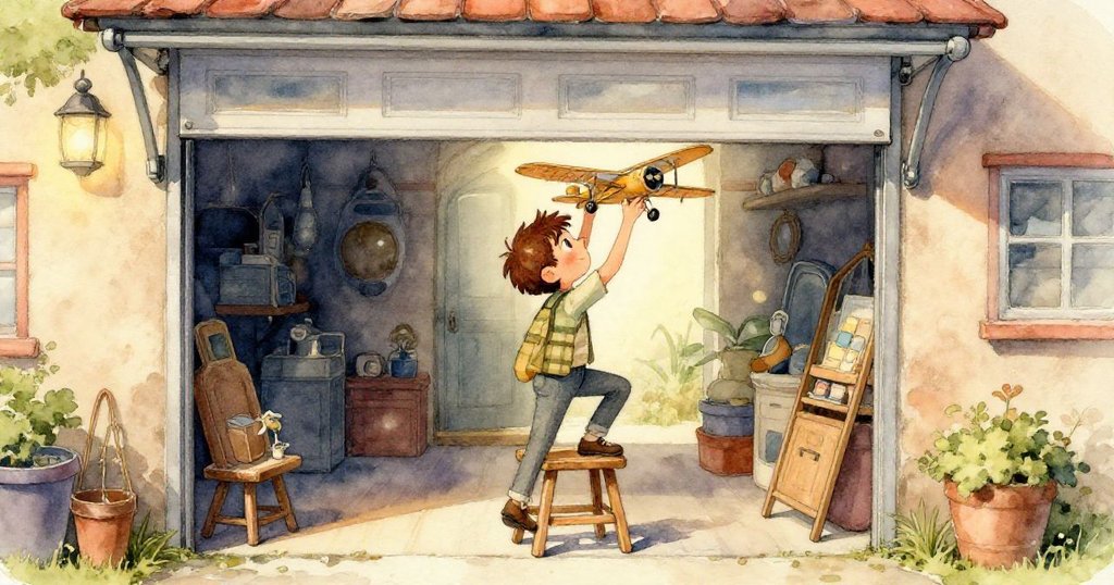 網球觸碰油漆桶，藍色油漆濺落在盒子上，場景充滿動感與色彩，車庫內物品間互動生動。