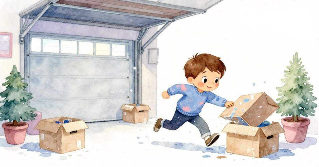 Leo迅速整理盒子與油漆桶，現場逐步恢復秩序，露出車庫角落中塵封祕密，神情充滿專注與決心。