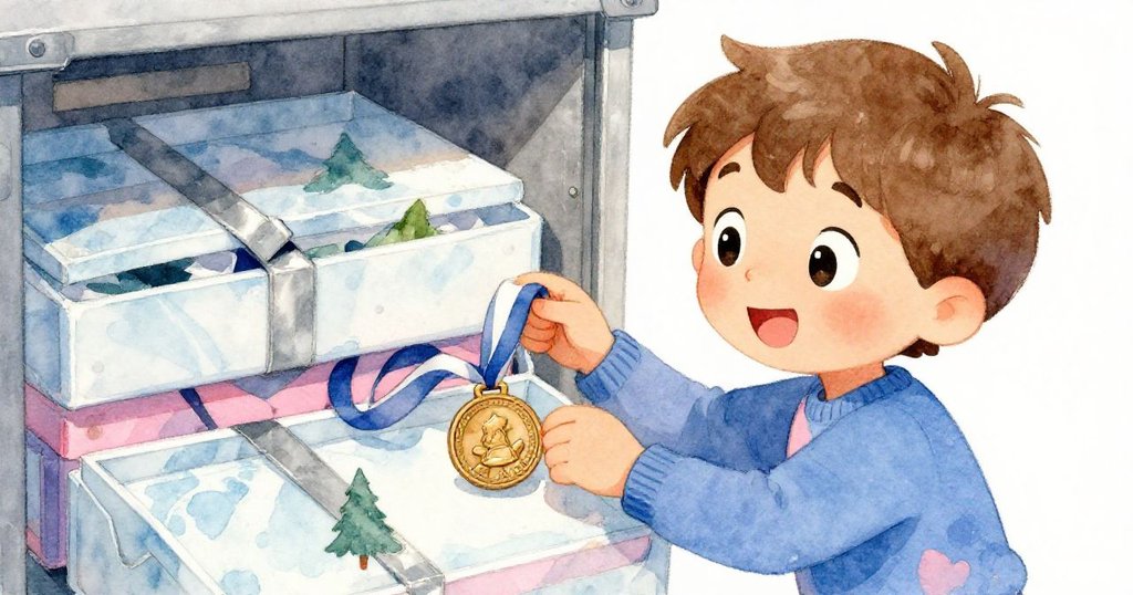 Leo踏上整齊盒堆時發現古銅獎牌，眼中滿是驚奇與欣喜，任務告一段落，車庫環境由混亂轉為溫馨有序。