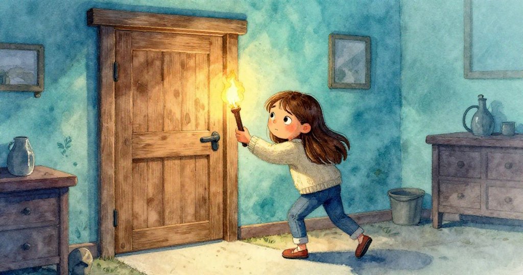 瑪雅在溫暖家中推開地下室門，手持火把充滿決心，環境中散佈輕柔光影和浮塵，展開冒險起始。