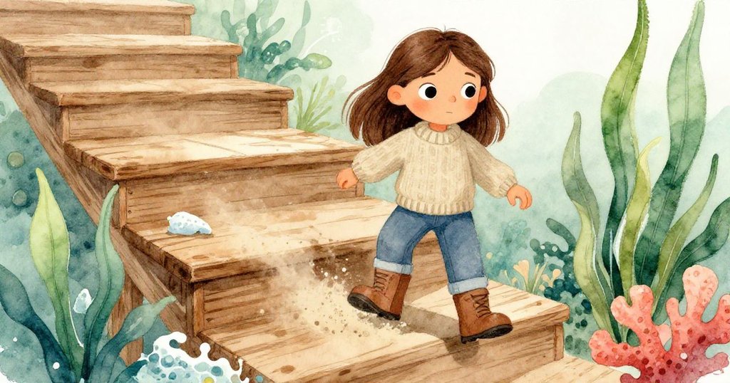 瑪雅穿著靴子踏在吱吱作響樓梯上，塵土隨步揚起，展現出堅定與期待冒險的神秘家庭場景。