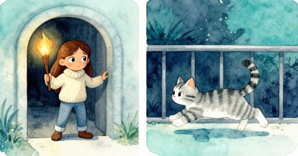 瑪雅點燃火把準備探索地下室，畫面分割展示活潑條紋小貓迅速穿過樓梯欄杆，呈現冒險與活力雙重氣氛。