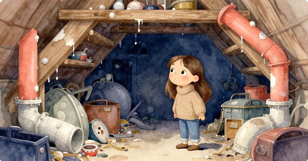 瑪雅進入充滿塵埃與雜物的地下室，探索舊木架與修補管道，感受家庭歷史與神秘隱藏之空間。