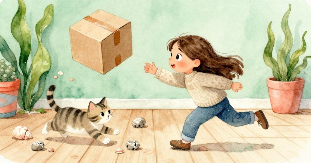 瑪雅急忙彎腰穩住落下的紙箱，條紋小貓在旁嬉戲，海螺和裂紋石散落地面，充滿緊張與決心。