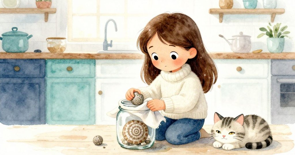 瑪雅滿懷喜悅將化石裝入玻璃罐並包裹，條紋小貓陪伴返回廚房，陽光灑落帶來溫馨結局。