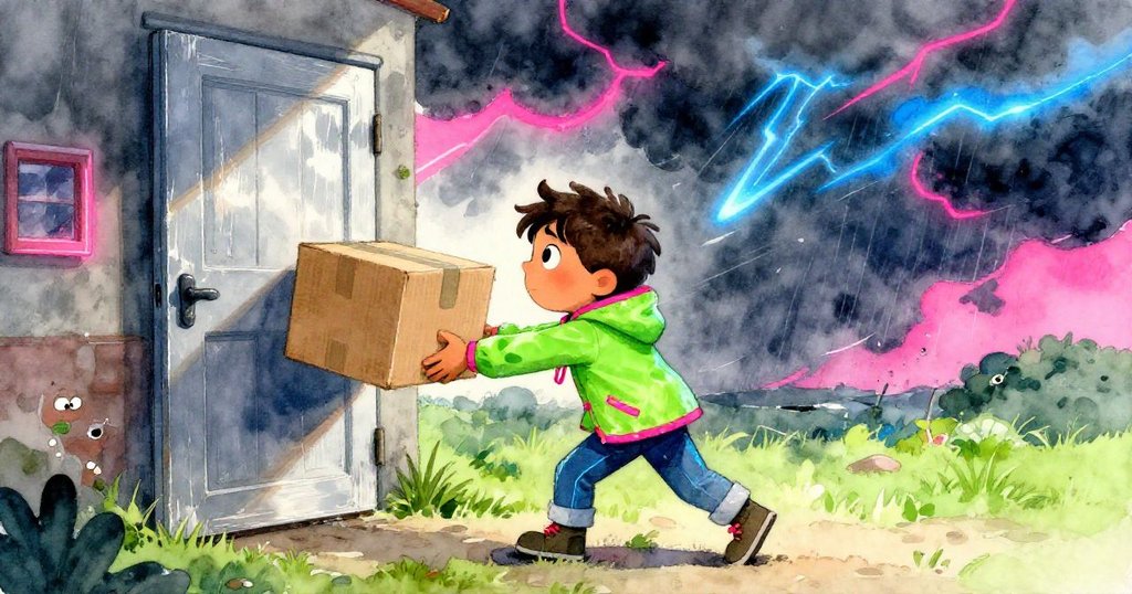 喬納正使勁拉著一個紙箱走向門口,背後烏雲密布,紙張隨風飄動,表情堅定準備迎接暴風雨。