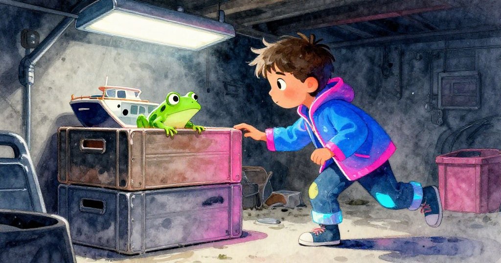 喬納在明亮的地下室中堆放箱子,突然發現一隻好奇的小綠蛙從模型船甲板上探出頭來,表情充滿驚喜。