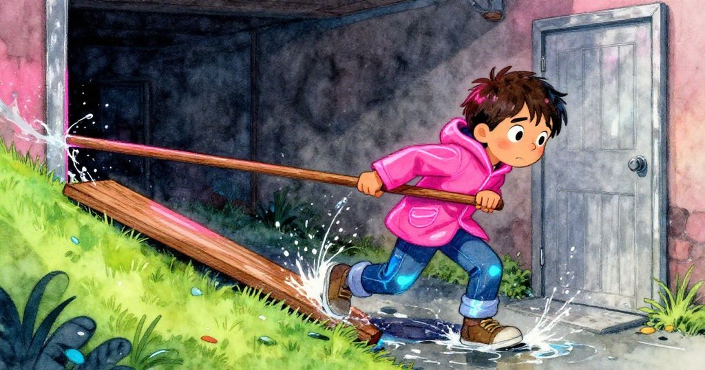 喬納奮力拖動一塊木板橫置在斜坡上,迅速分流潺潺水流,動作矯健充滿果斷與急迫感。