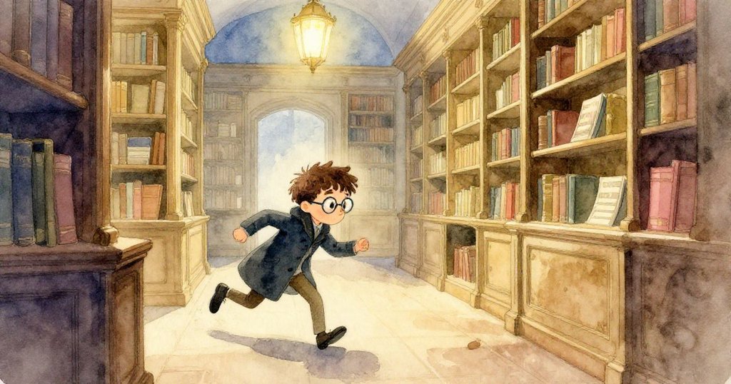 Milo在圖書館走廊內動作迅速，手持索引卡，穿過空蕩的書架，臉上帶著好奇和期待的神情，開啟探索旅程。