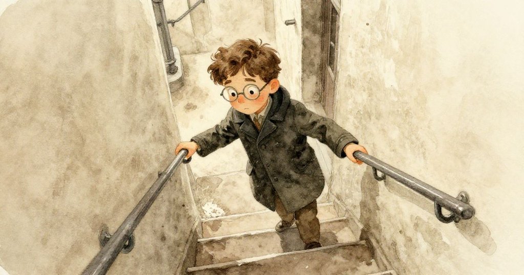 Milo從古老樓梯緩緩下降，扶著冰冷的扶手，灰塵隨腳步飄揚，充滿神秘且略帶緊張的氣氛。