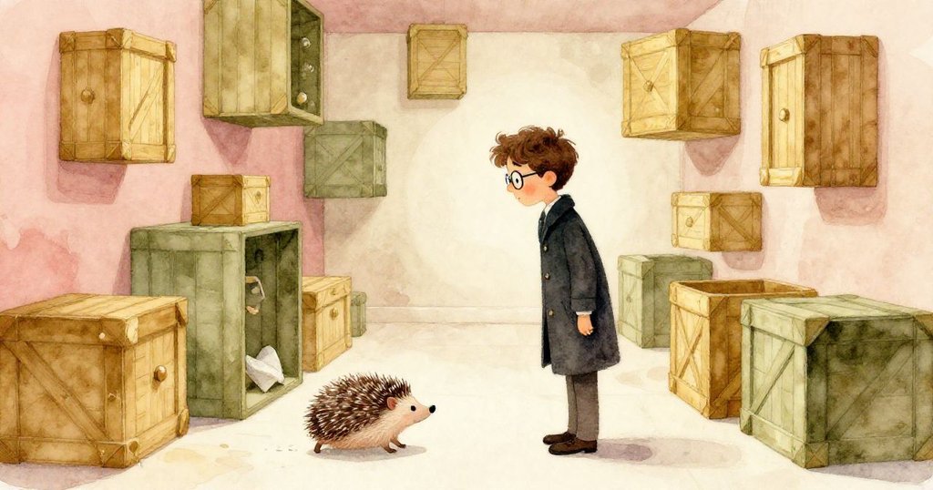 Milo在地下室走廊中前行，觀察著排列排列木箱和穿梭的小刺蝟，空間呈現超現實幾何效果，心中充滿好奇與謹慎。