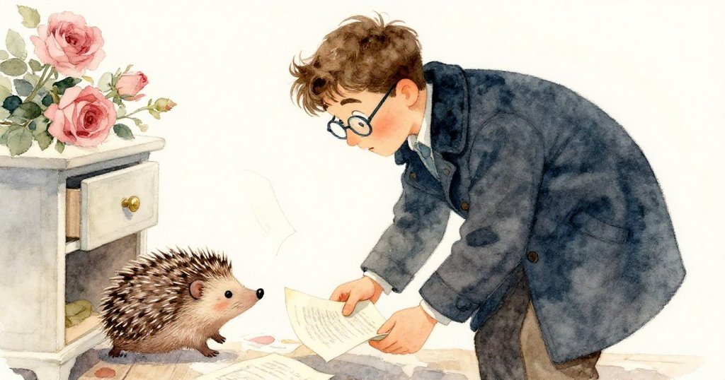 Milo在圖書館角落驚訝彎腰撿起滑落文件，小刺蝟悄然穿過抽屜旁，場景充滿動作連鎖與驚奇表情。