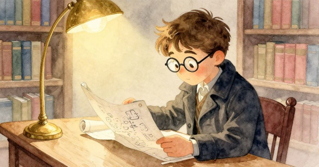 Milo在閱讀桌上仔細展開神秘藍圖，溫暖柔光映照在藍圖上，臉上流露出欣慰與期待，故事完滿收尾。