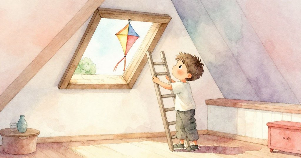 Leo 輕握梯子站在閣樓前,背景透過柔和光線映出懸掛的彩色風箏,充滿探索前的寧靜與期待。