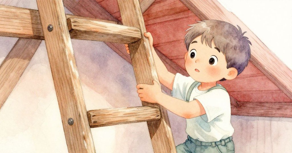 Leo 用手緊握著搖晃的梯級,細膩木紋在柔光下呈現出閣樓內那份小心而堅定的探險心情。