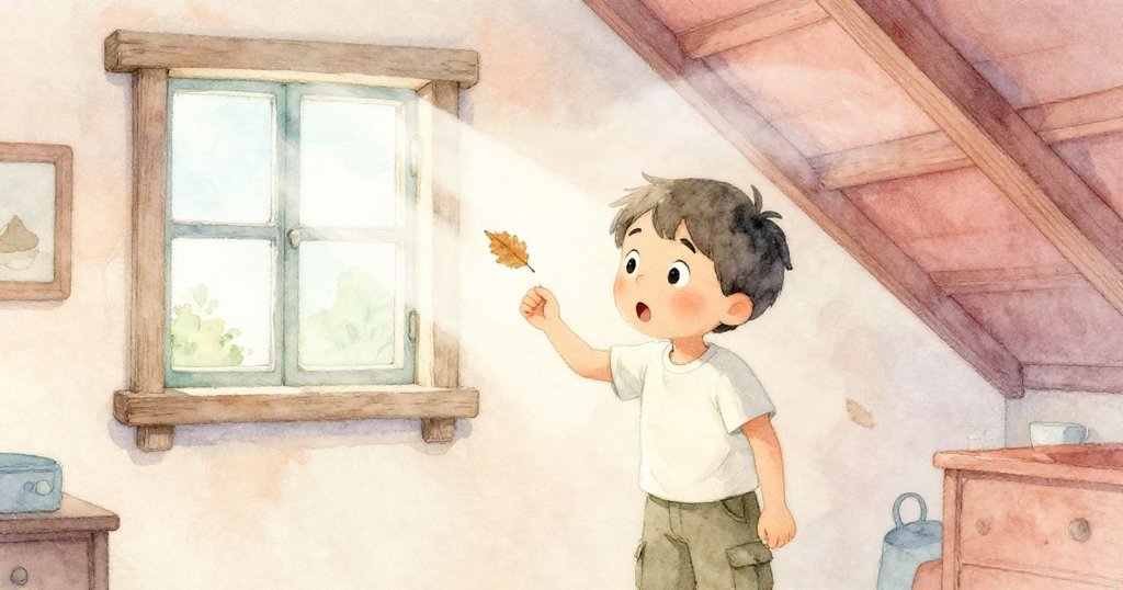 Leo 在閣樓內因一片樹葉輕觸肩膀而露出驚奇表情,窗外涼風吹拂,營造出既靜謐又充滿小驚喜的氣氛。