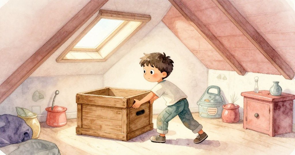 Leo 專注地推動大箱子縮短與天窗的距離,臉上滿是堅定,老舊閣樓中散發著溫暖與隱秘的氣息。