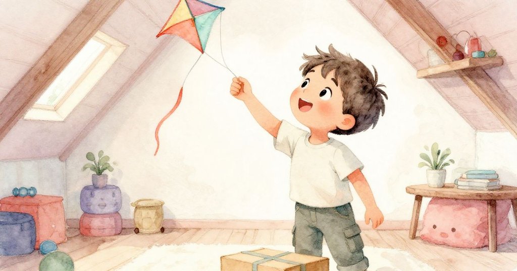 Leo 登上箱子後伸手抓住風箏線,臉上洋溢著興奮與成就感,柔和微風輕拂,營造溫馨家居氛圍。