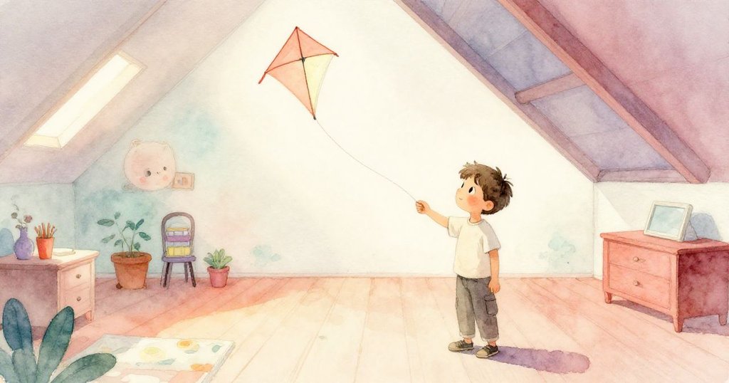 Leo 回到閣樓地面上静注視著隨風輕擺的風箏,房間內恢復平靜,環境散發著溫馨且祥和的家居氛圍。