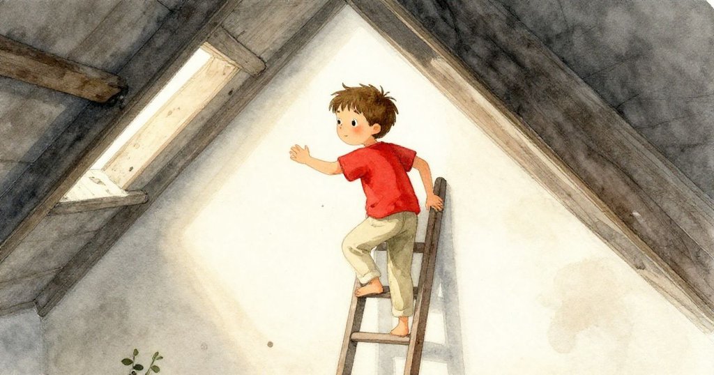 米洛爬上狹窄梯子進入閣樓,晨光柔和照進灰塵滿佈的空間,臉上充滿期待與好奇,展現溫暖家庭氣息。