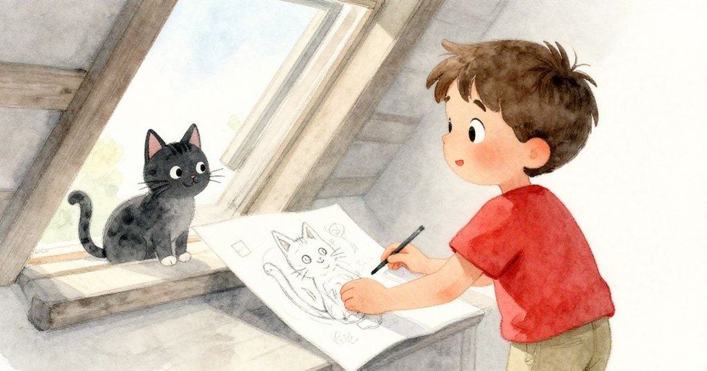 米洛透過屋頂窗戶射進的強光發現隱藏畫稿,畫中微笑貓咪與高草清晰呈現,他臉上露出驚喜與好奇的神情。