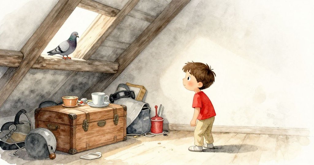 米洛探訪閣樓一隅,與堆疊書籍和木箱互動,樑上鸽子驚飛,室內溫暖光影中充滿探索情趣。