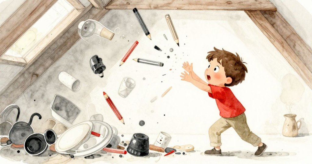 米洛不慎推動書本引發連鎖反應,物品滾動中他迅速後退,臉上驚訝與緊張並存,動感十足。