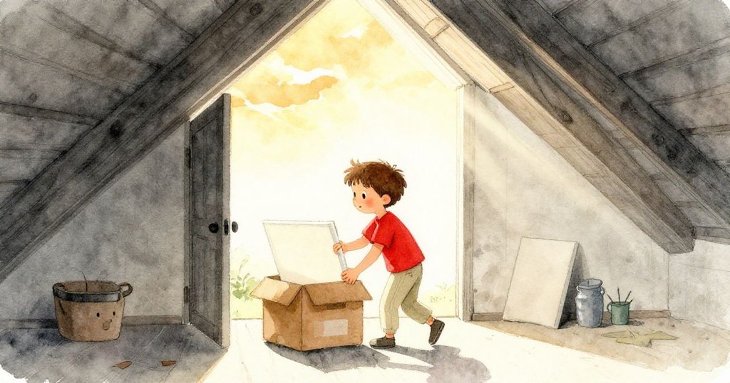 米洛將畫布小心放入箱中,站於閣樓門前,夕陽金光透過窗戶灑下溫暖光芒,場景平靜美好結束。