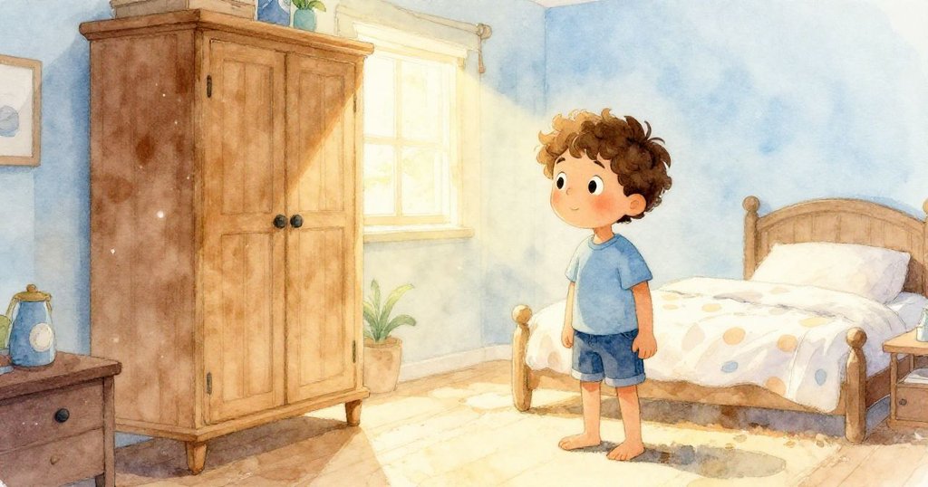 米洛站在充滿陽光的房間中,柔和光線灑落地板,塵埃在光束中舞動,臉上流露出專注和期待。