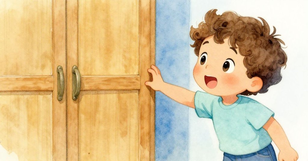 米洛伸手觸摸木製衣櫥,臉上透露好奇與期待,溫暖光線突顯童真與細膩情感。