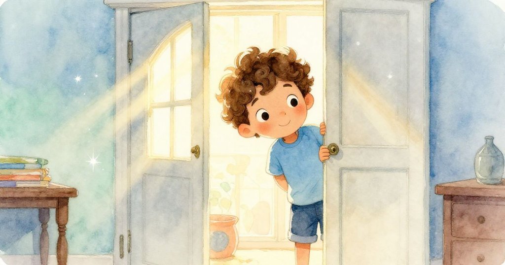 米洛透過半敞的衣櫥門,像透過窗戶般望向內部,陽光閃爍照亮隱藏寶物,表情充滿驚奇。