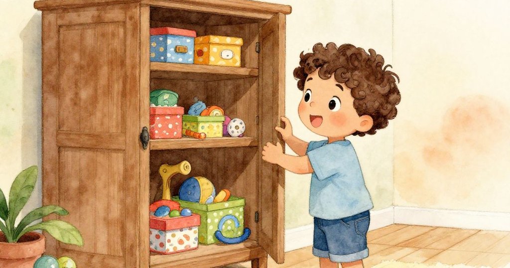 米洛打開衣櫥時發現彩色箱子、書籍與玩具散落其中,室內溫暖氛圍中充滿神秘而驚喜的細節。