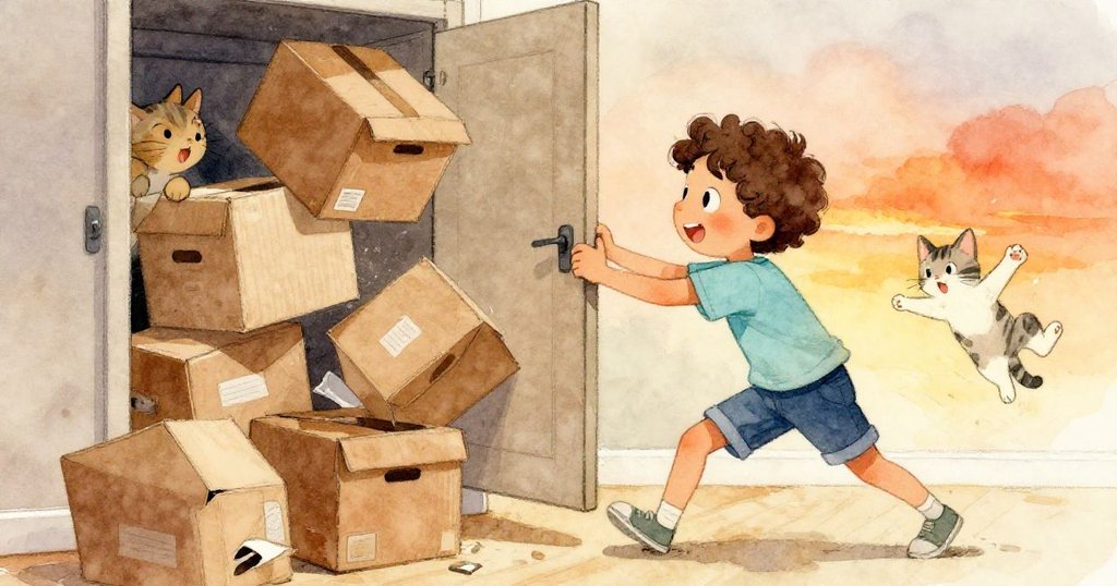 米洛拉動衣櫥門時,箱子紛紛掉落,一隻小貓突然躍起,室內瞬間充滿驚奇與活力,表情豐富。