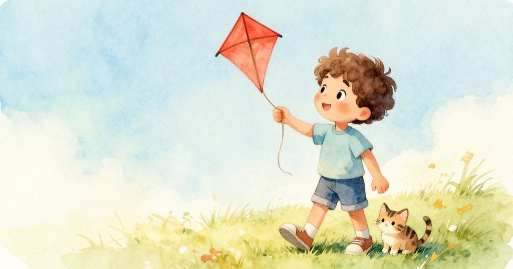 米洛輕輕托起紅色風箏,小貓安靜蜷縮在鞋旁,房間恢復平靜,溫馨畫面充滿愛意與和諧。