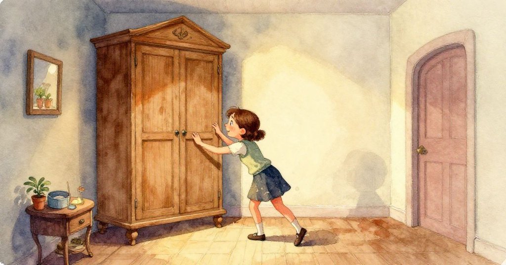 Lena仔細觸摸櫥櫃木紋與柔軟野營毯，展現手部細節，感受材質，情感從疑惑到希望逐步轉換。