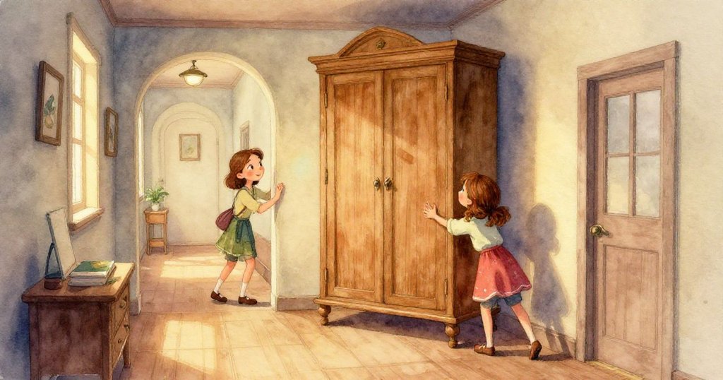 從背後望去，Lena凝視櫥櫃破舊的門縫中閃爍的微光，心中充滿期待與好奇，場景漸入高潮。