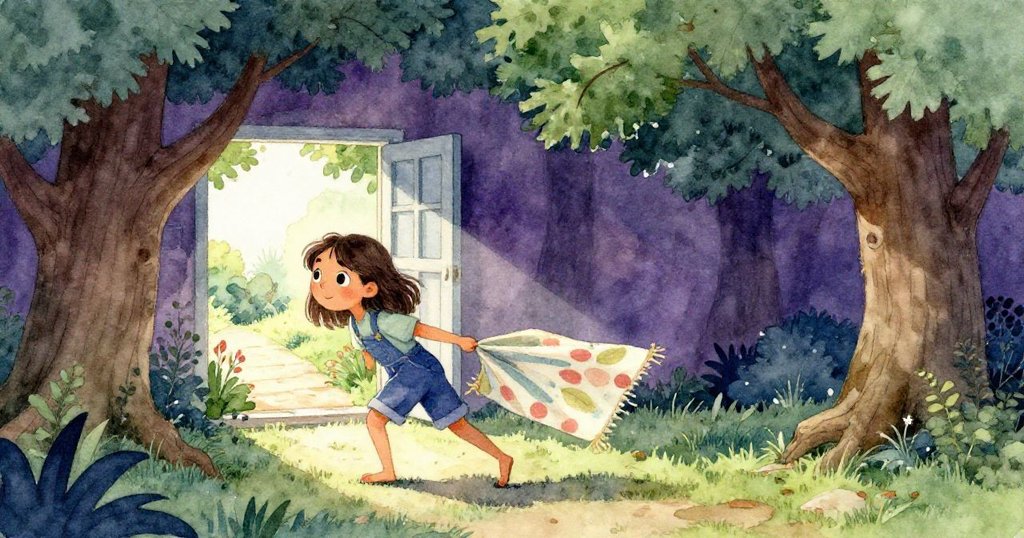 Lena使勁橫拖野營毯，讓櫥櫃後隱藏的窗戶微微顯現，窗外花園景色透進柔光，情緒由探索轉向驚喜。