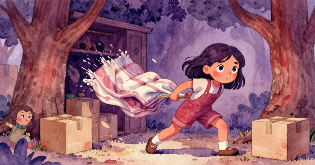 Lena奮力橫拖毯子，伴隨櫥櫃輕微移動與紙箱碰撞，臉上展現堅毅與急切，情節進入緊張高潮。