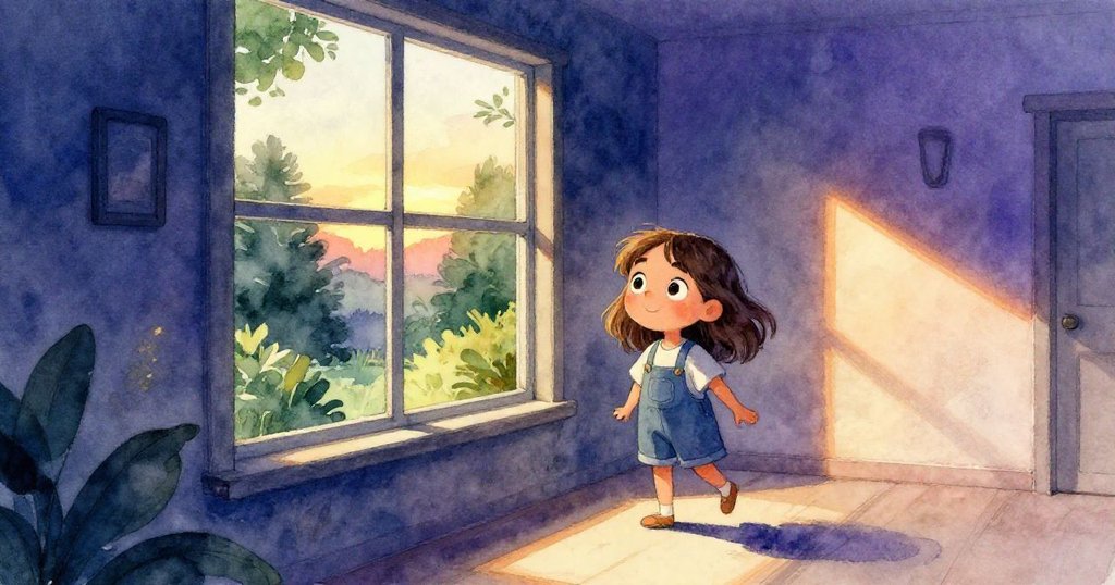 Lena站在陽光灑入的走廊，滿臉喜悅望向完全打開的大窗戶，涼風與自然景致注入室內，故事圓滿結局。