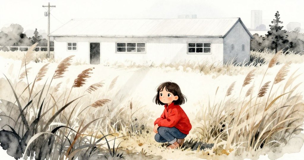 米拉蹲在蘆葦叢中調整相機，背景隱約顯示救援中心，神情專注，光線柔和營造期待氛圍。