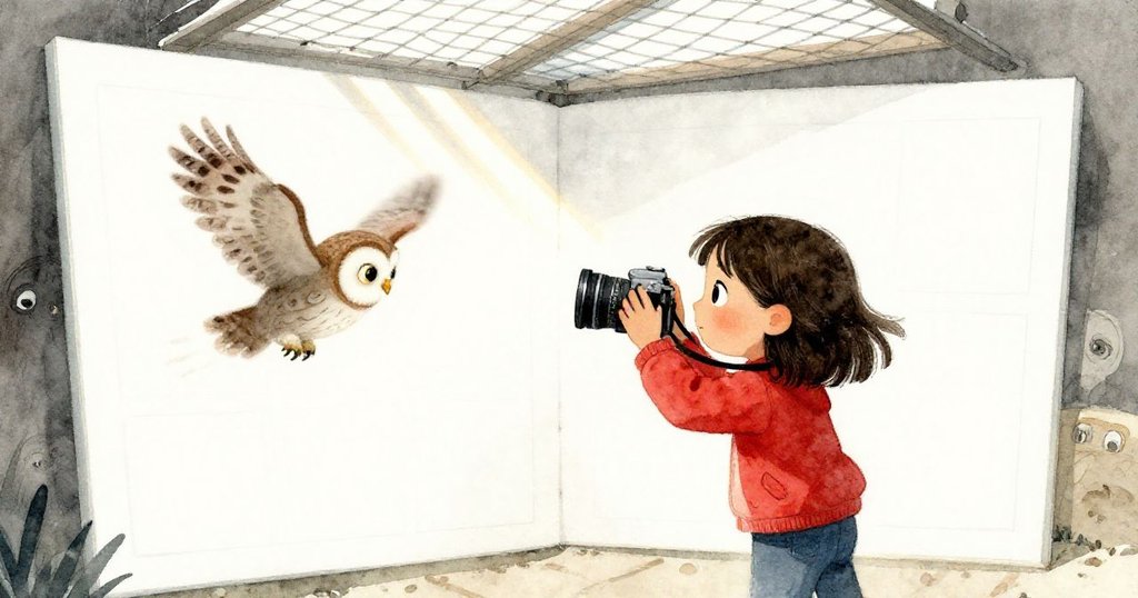 米拉試拍時一隻模糊的貓頭鷹掠過畫面，空白相框突顯失敗與期待，臉上流露焦急神情。